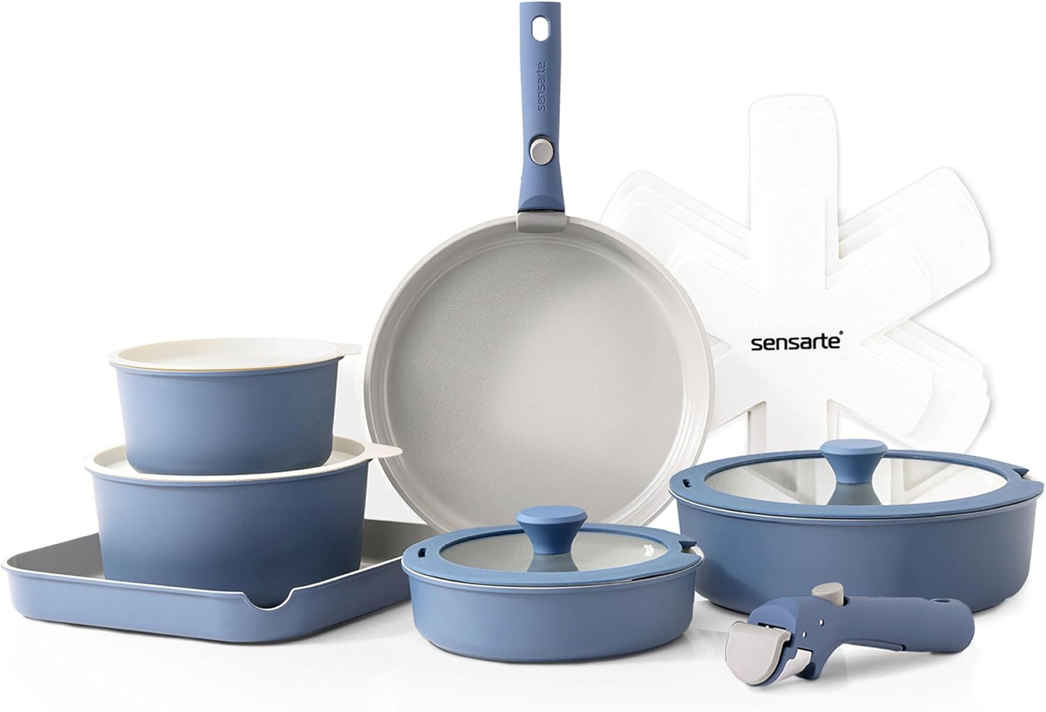 SENSARTE 17 Piece Ceramic Pots and Pans Set, Nonstick Detachable Handle Cookware, Induction Kitchen Cookware Set with Removable Handle, Dishwasher ＆ Oven Safe (Navy)