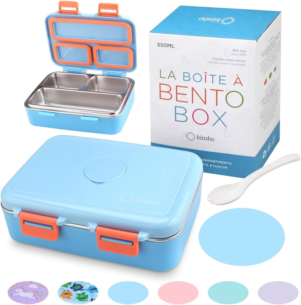 kinsho Stainless Steel Lunch Box for Baby Toddlers Boys, Mini Bento, 3 Eco Metal Portion Sections Leakproof Lid, Pre-School Daycare Lunches, Kids Spill-Proof Snack Container, 18 oz/550 mL, Blue