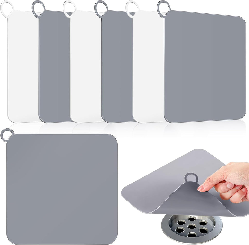 Yinkin 6 Pcs Drain Covers to Keep Bugs Out Silicone Shower Floor Tub Stoppers Bathtub Drain Stoppers Sewer Anti-Odor Mats Deodorizing Plugs for Bathroom(7.87 x 7.87 Inch,Square,Grey and White)