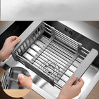 Cyrank Dish Drying Rack, Over The Sink PET Kitchen Rack, Expandable Drain Basket, Adjustable Stainless Steel Strainer, S#Grey