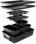 NutriChef 8-Piece Stackable Nonstick Bakeware Set - Premium Steel Baking Tray Set - Includes Round Cake Pan, 6-Cup Muffin Pans, Wide/Square Brownie & Loaf Pans, Cookie Sheet, & Roaster Pan (Black)