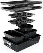 NutriChef 8-Piece Stackable Nonstick Bakeware Set - Premium Steel Baking Tray Set - Includes Round Cake Pan, 6-Cup Muffin Pans, Wide/Square Brownie & Loaf Pans, Cookie Sheet, & Roaster Pan (Black)