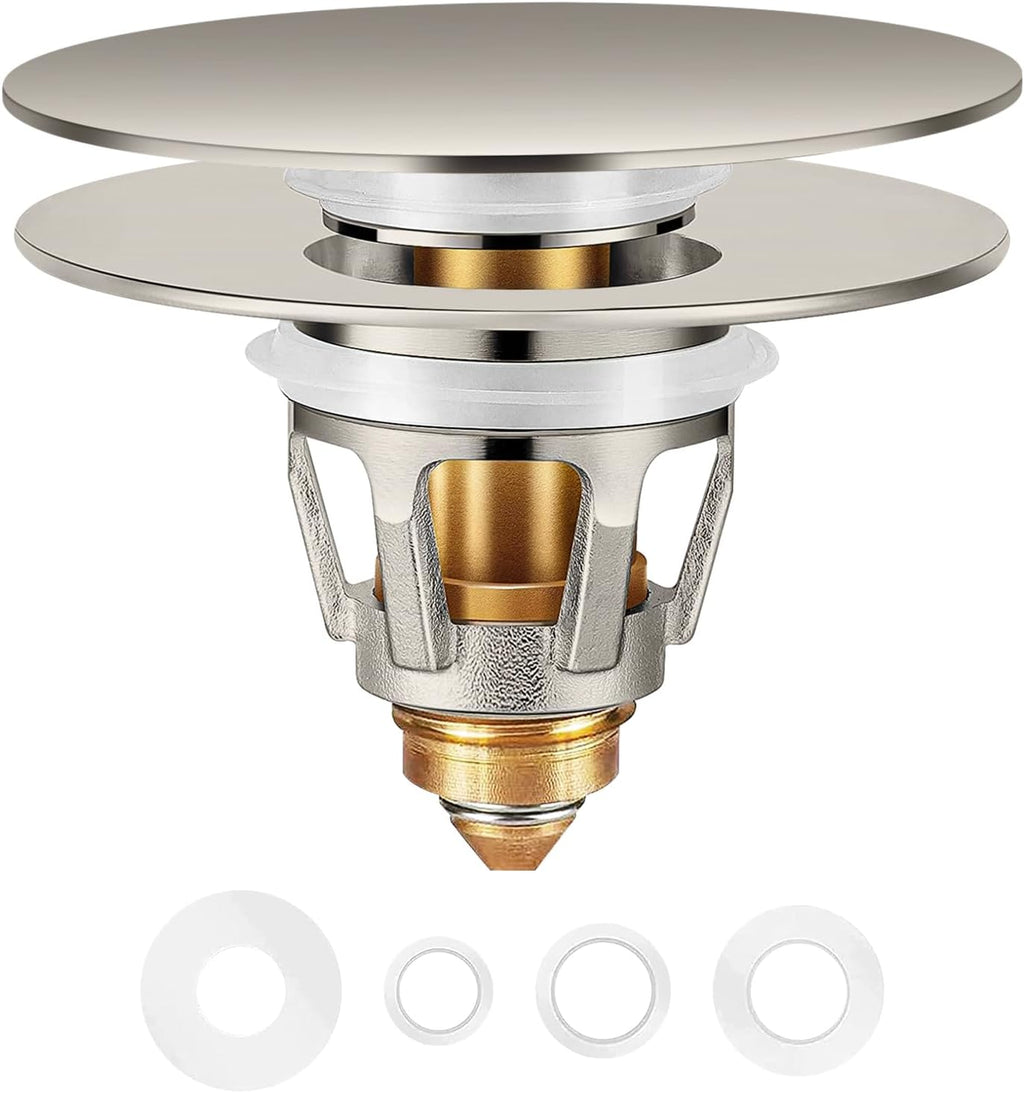 Universal Bathroom Sink Stopper in Brass, 1.04-1.97 Inch Pop Up Basin Sink Drain Stopper, Sink Drain Strainer with Anti Clogging Filter Hair Catcher, Large Lid Brushed Nickel