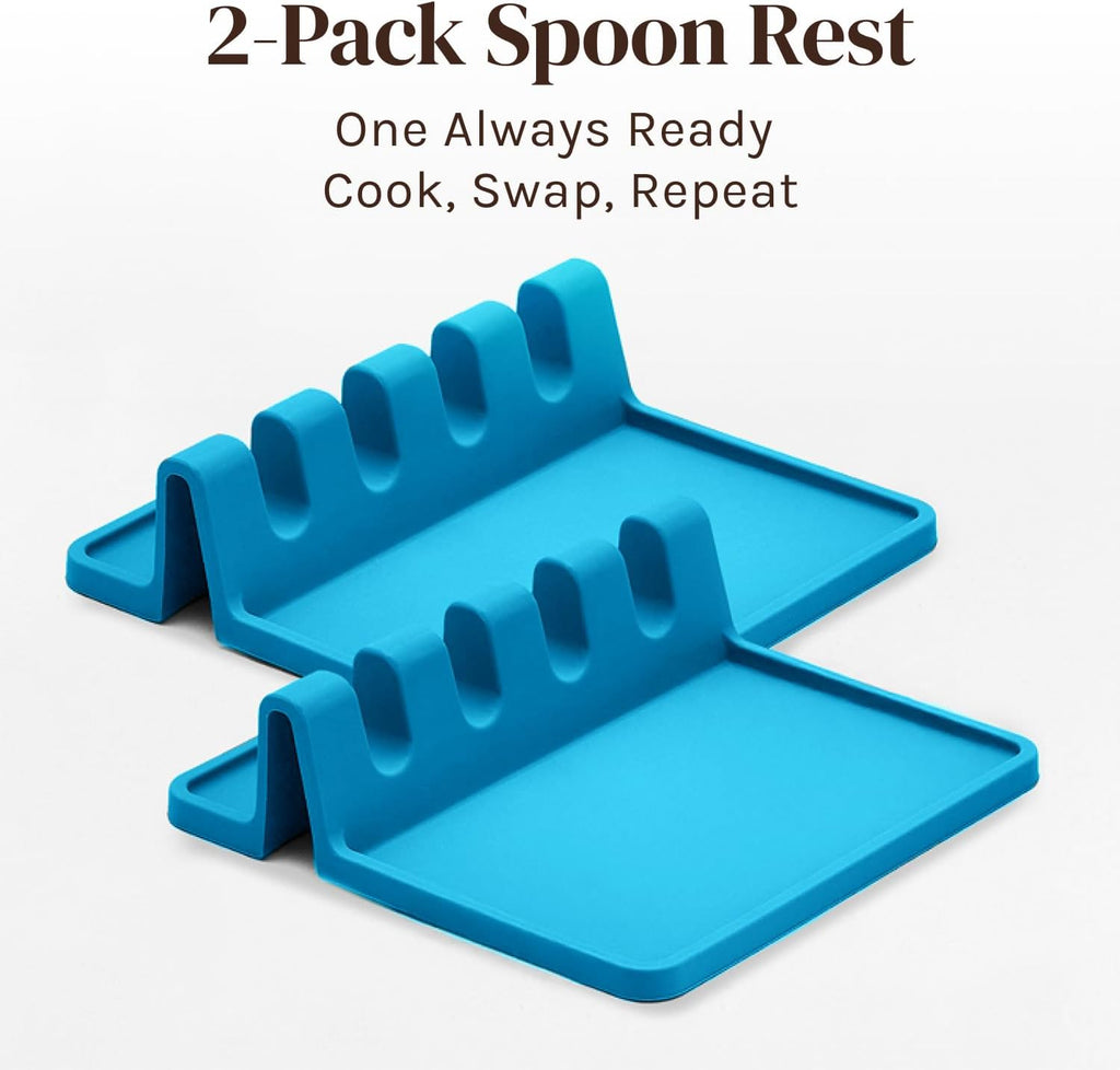 Silicone Spoon Rest for Stove Top with Drip Pad (Two Pack) - Heat Resistant BPA Free Utensil Rest & Spoon Holder for Kitchen Counter - Grill Utensil Holder - Spatula Holder, Tongs, Ladle - Light Blue