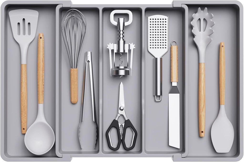 Lifewit Plastic Utensil Organizer for Kitchen Drawers, Expandable 13 to 22.4 Inches Wide, Adjustable Cutlery Silverware Flatware Holder, Kitchen Spatula Tools and Gadgets Storage Divider, Large, Gray