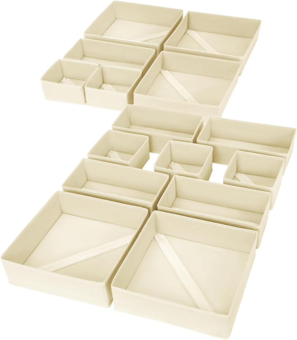 DIMJ Drawer Organizer Clothes, 15 Pack Dresser Organizer, Foldable Closet Organizers and Storage, Fabric Dresser Bins, Drawer Dividers for Nursery, Baby Clothes, Underwears, Sock (Beige)