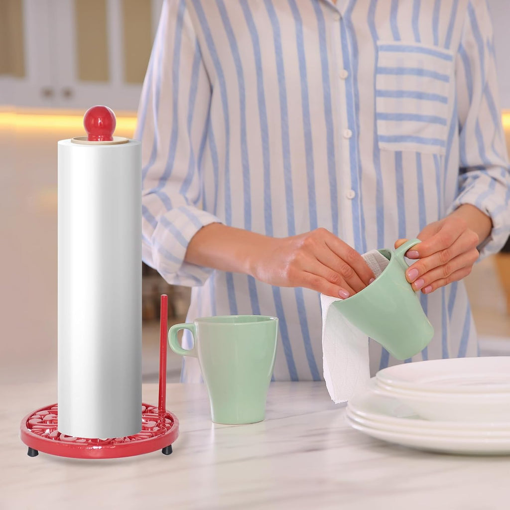 JOGREFUL Paper Towel Holder Stand, Cast Iron Kitchen Paper Towel Countertop Vintage Stand with Weighted-Base, Bathroom Organization for Family Standard Large Size Roll Paper, Mistletoe Base, Red