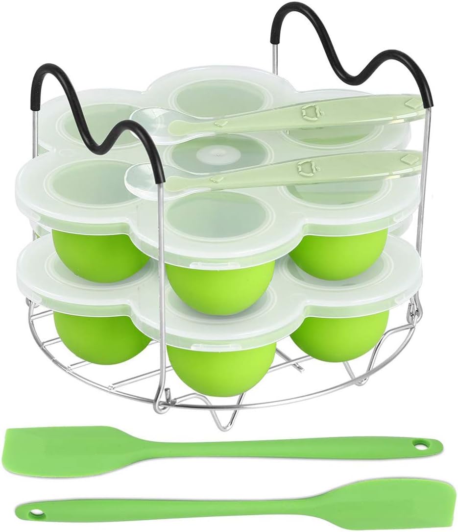 ROTTAY Silicone Egg Bites Molds and Steamer Rack Trivet with Heat Resistant Handles Fit Instant Pot Accessories, 7pcs set for 6qt & 8qt Electric Pressure Cooker With 2 Spoons and Silicone spatula