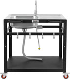 35” Outdoor Grill Cart with Sink, Outdoor Kitchen Sink Station with Hose Hook Up, Free Standing Sink with Wheels, Stainless Steel Sink with Single Bowl, Outdoor Utility Sink with Faucet