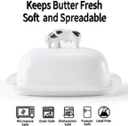 Butter Dish with Lid for Countertop, 7.8" x 6.3" Large Ceramic Butter Keeper Container with Cow Handle, White Butter Holder Tray for East West Coast Butter Stick, Microwave & Dishwasher Safe
