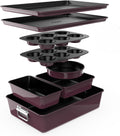NutriChef 8-Piece Nonstick Stackable Bakeware Set - PFOA, PFOS, PTFE Free Baking Tray Set w/Non-Stick Coating, 450°F Oven Safe, Round Cake, Loaf, Muffin, Wide/Square Pans, Cookie Sheet (Plum)