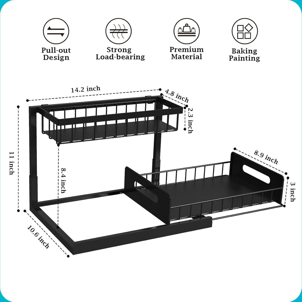 REALINN Under Sink Organizer, Pull Out Cabinet Organizer Slide Out Sink Shelf Cabinet Storage Shelves, Storages for Kitchen Bathroom, Black, 2 Pack