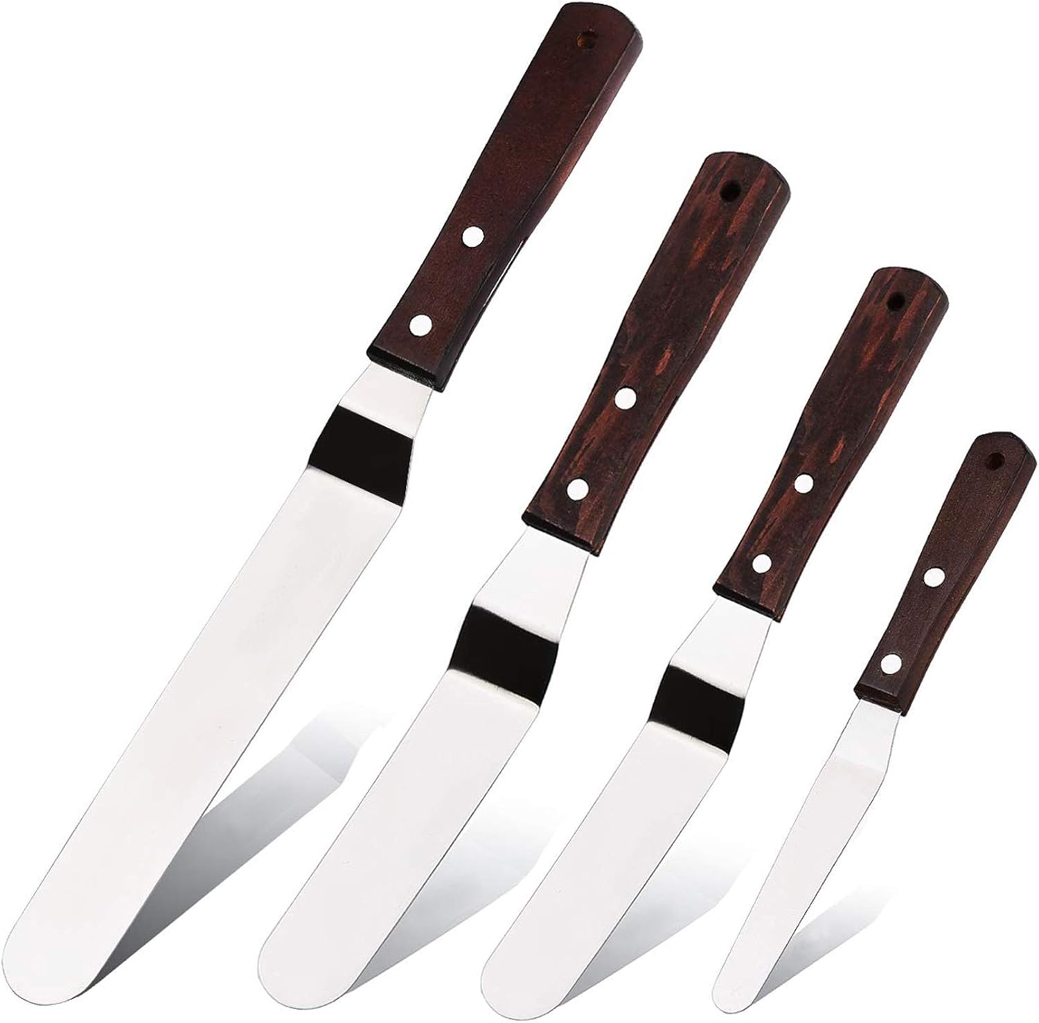 4PCS Offset Cake Icing Spatula Set 4” 6” 8” 10” Professional Stainless Steel Cake Decorating Frosting Spatulas with Wooden Handle (Angled)