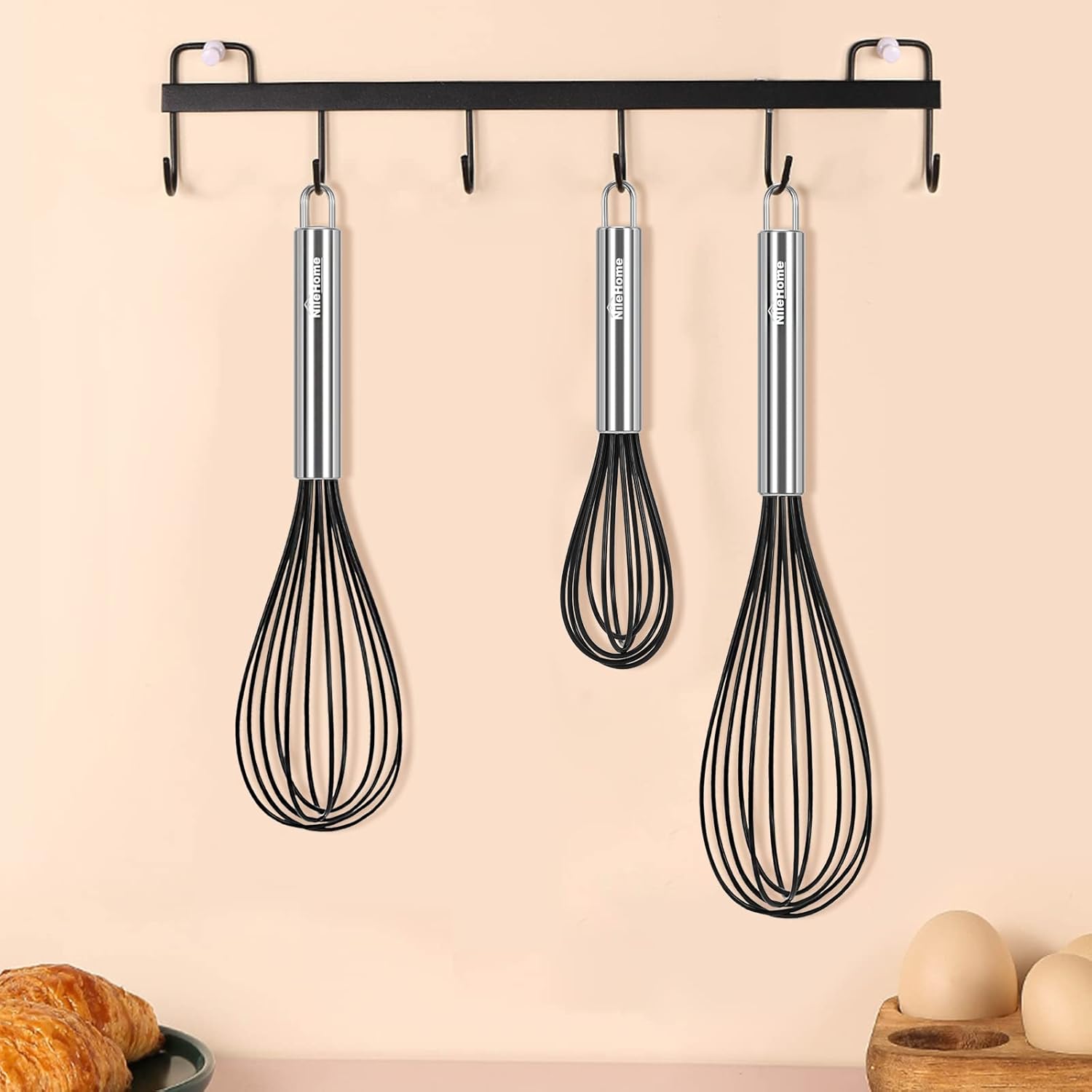 NileHome Whisk Commercial Whisks Stainless Steel & Silicone Non-Stick Coated Small Whisk Set 8" 10" 12" Kitchen Wisk Wire Whisks for Cooking 3 Pack, Black