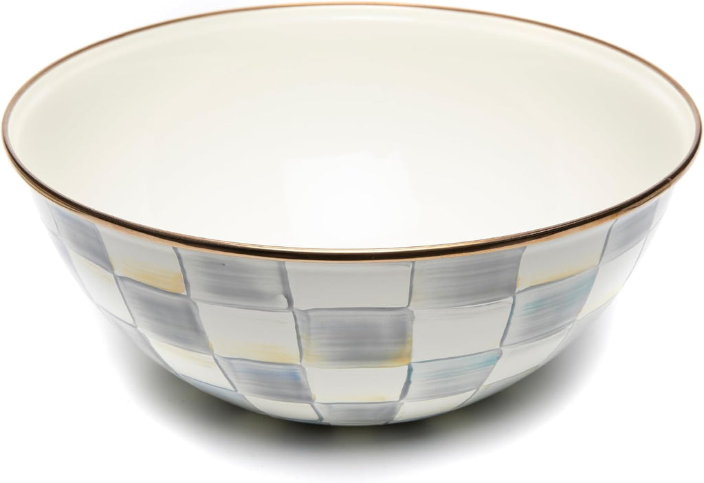 MACKENZIE-CHILDS Enamel Everyday Bowl, Serving Bowl for Entertaining, Large, Gray-and-White Sterling Check, Set of 1