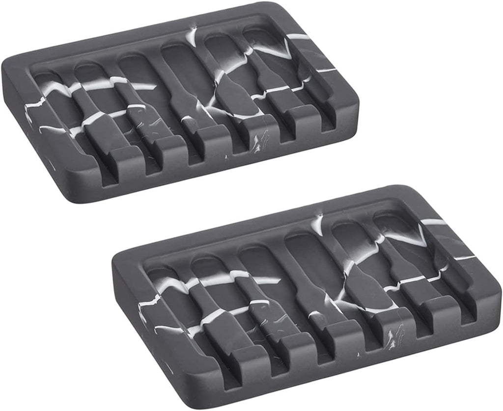 2PCS Self Draining Soap Dish - Marble Look Soap Holder Tray Savers Box Container Sponge Holder for Bathroom Shower Kitchen, Black