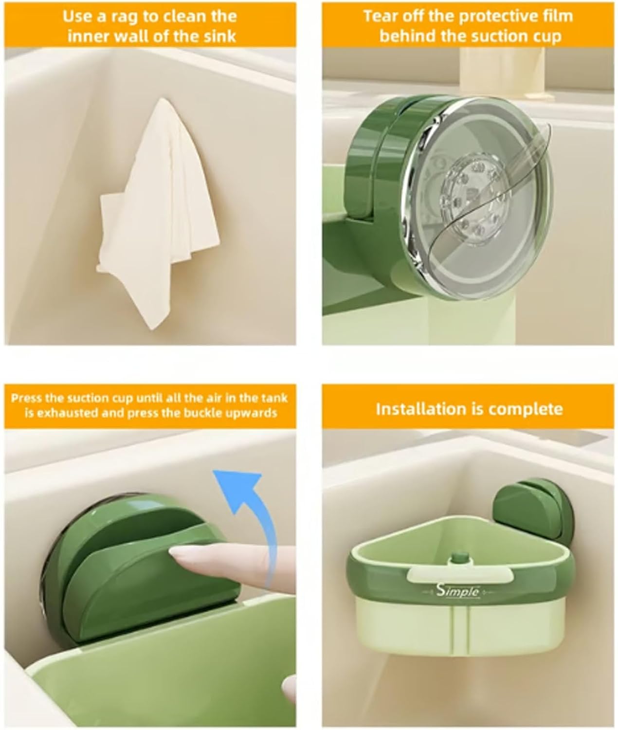 Suction Cup Sink Corner Rack, Curetoaway Corner Sink Strainer, Sink Trash Catcher, Plastic Triangular Baskets Corner Hanging, Rust Resistant, for Kitchen Food Waste (1Pcs Yellow)