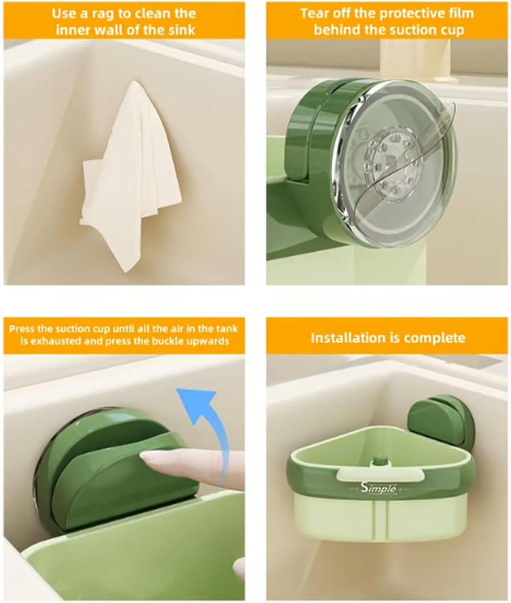 Suction Cup Sink Corner Rack, Curetoaway Corner Sink Strainer, Sink Trash Catcher, Plastic Triangular Baskets Corner Hanging, Rust Resistant, for Kitchen Food Waste (1Pcs Green)