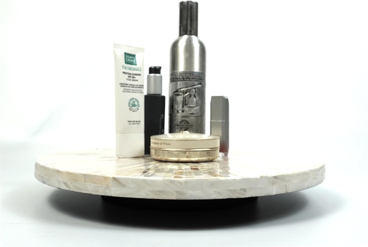 PEMAR PEMAR Mother of Pearl Lazy Susan Turntable – 12.6″ Decorative Wooden Rotating Tray Countertop Organizer (White Cream Sunlight/Starburst Pattern)