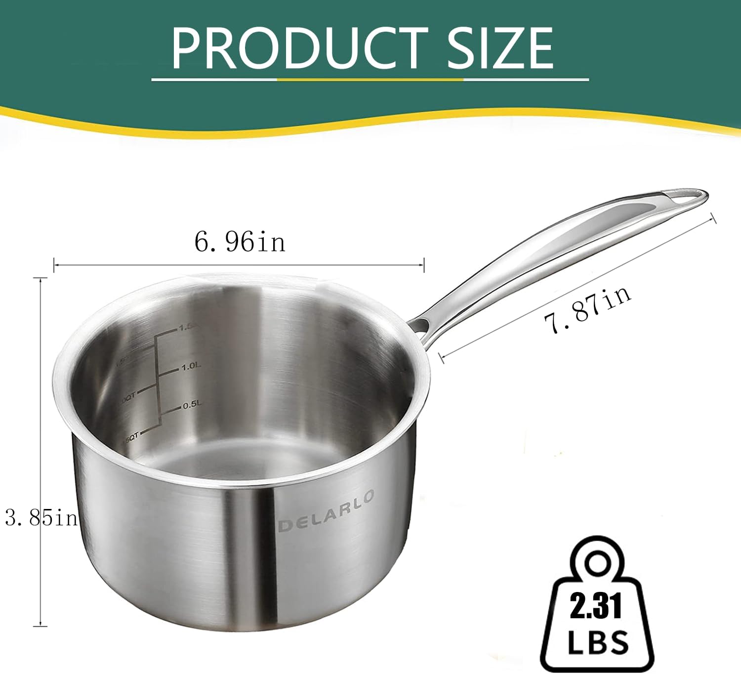 DELARLO Stainless Steel Small Brushed Saucepan With Lid, Induction Cooking Sauce Pot Pans, 18/8 Tri-Ply Heavy Bottom Saucier Cookware, Dishwasher Safe & Oven Safe(2 Quart)