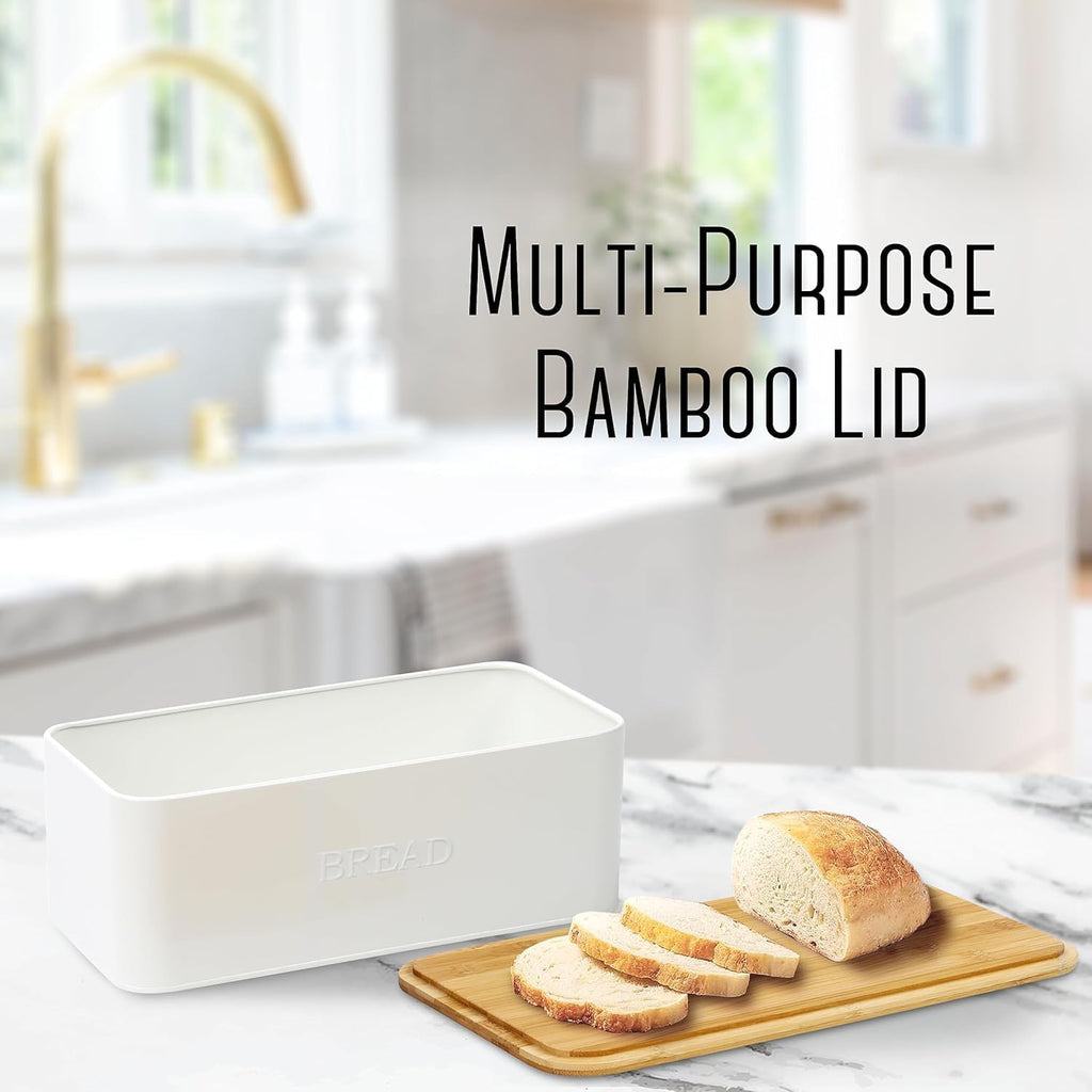 White Bread Box for Kitchen Countertop, Small Storage Container with Bamboo Lid, Modern Kitchen Organizer for Sourdough, Buns, and Loaves, Bread Storage with Cutting Board Lid