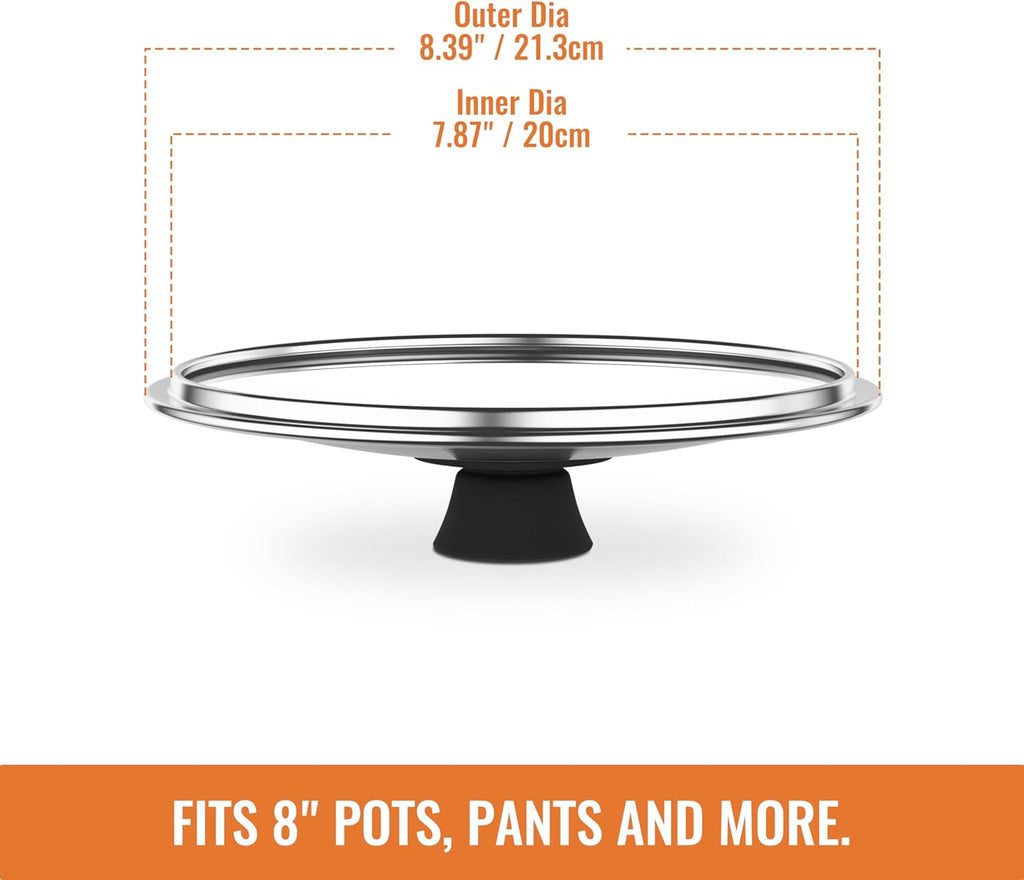 8 Inch Pan Lid For Pots Pans and Skillets, Cast Iron Skillet Lid, Tempered Glass Pan Lids, Replacement Pan Cover for Frying, Wok, Crock Pot Lid with Wide Stainless Steel Rim, Cooking Pot Covers