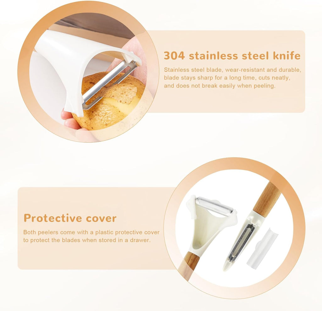 Potato Peelers Set of 2, Stainless Steel Vegetable Peeler with Non-Slip Wood Handles, Y & I Shape Kitchen Peelers for Carrot, Apple, Potato - Dishwasher Safe