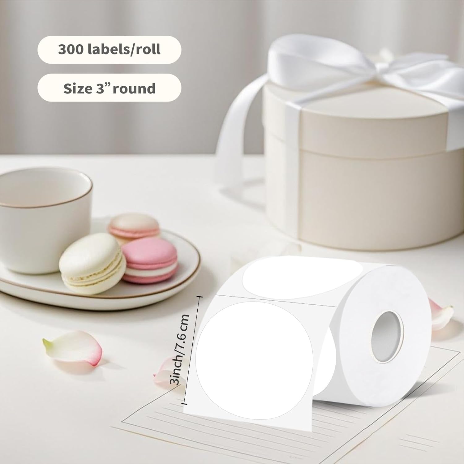 Thermal Label,3 Inch White Round Thermal Printer Sticker,Self-Adhesive Round Direct Thermal Labels,Thermal Stickers for DIY Logo Design,Name Tag (300 Labels/1 Roll)