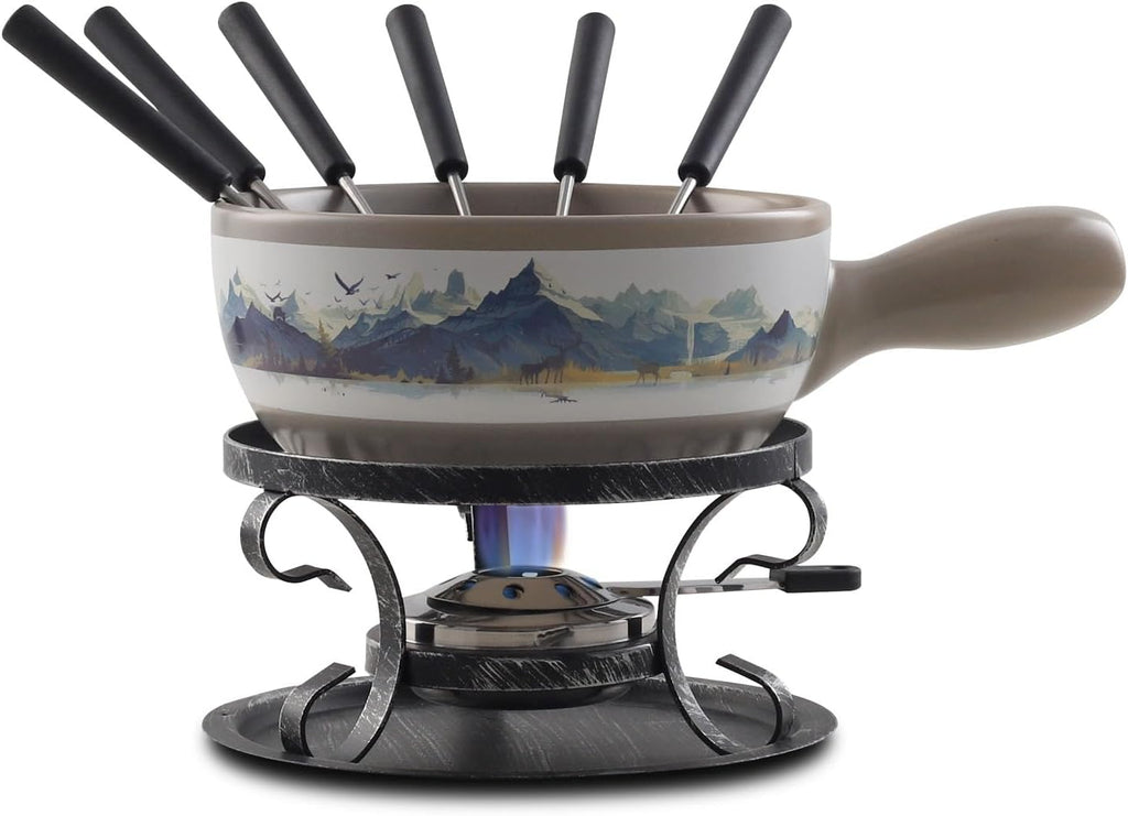 Artestia Swiss Fondue Set for Party - 2L Large Capacity Cheese Fondue Pot Melting Chocolate, Ceramic Fondue Pot, 6 Fondue Forks, Christmas, Wedding Gifts (Rockies Reverie)