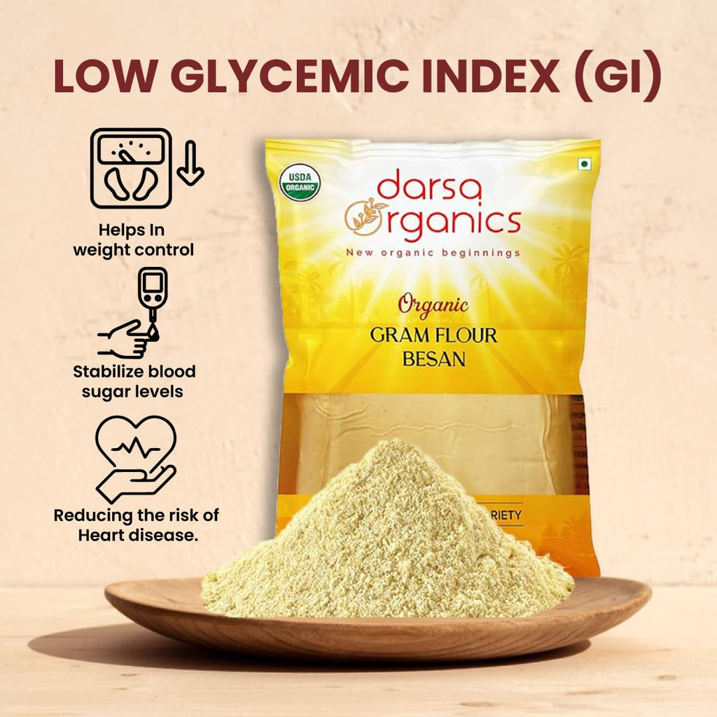 Darsa Organics Gram Flour - 2 lb Besan Flour, USDA Organic, Chemical Free, Non-GMO, Kosher, Premium Chickpea Flour for Cooking & Skin Care, Ideal for Gluten Free Diets & Face Masks