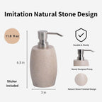 Sandstone Textured Resin Soap Dispenser with Metallic Pump and Waterproof Bottle Labels for Bathroom Kitchen Dish Hand Wash Shower Lotion Shampoo, 12 Oz, Beige