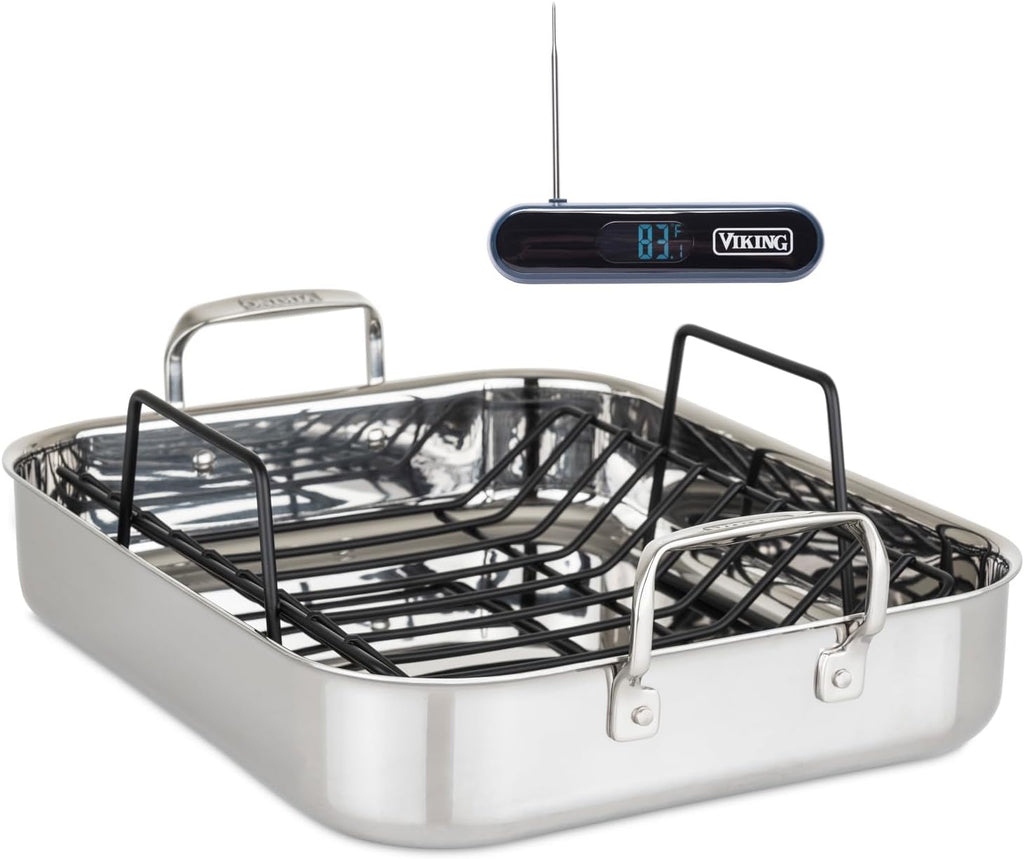 Viking 3-Ply Stainless Steel Roasting Pan with Non Stick Rack, 16 x 13 Inch Kitchen Cookware, Great for Turkey, Includes Probe Thermometer, Dishwasher and Oven Safe, Induction Ready, Silver