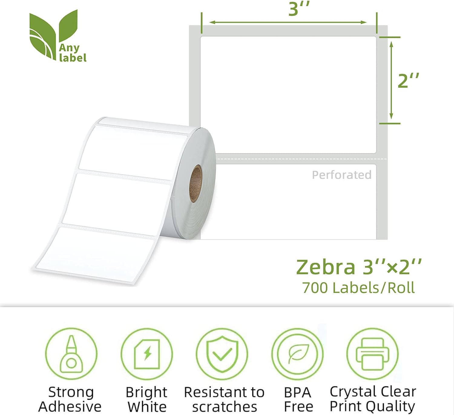 Compatible 3" x 2" Direct Thermal Labels Replacement for Barcodes Postage Address Shipping Compatible with Rollo & Zebra Desktop Printers Adhesive & Perforated (12 Rolls, 700 Labels/Roll)