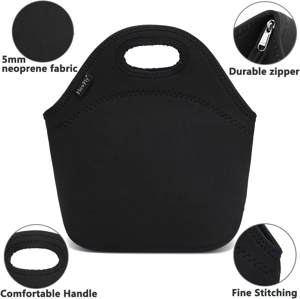 FlowFly Neoprene kids Lunch box Insulated Soft Bag Mini Cooler Thermal Meal Tote Kit for Boys, Girls,Men,Women,School,Work, Office,Black