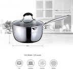 Tri-Ply Whole-Clad Stainless Steel Sauce Pan with Pour Spout,1.5 Quart Small Multipurpose Pasta Pot with Strainer Glass Lid, Saucepan for Cooking with Stay-cool Handle.