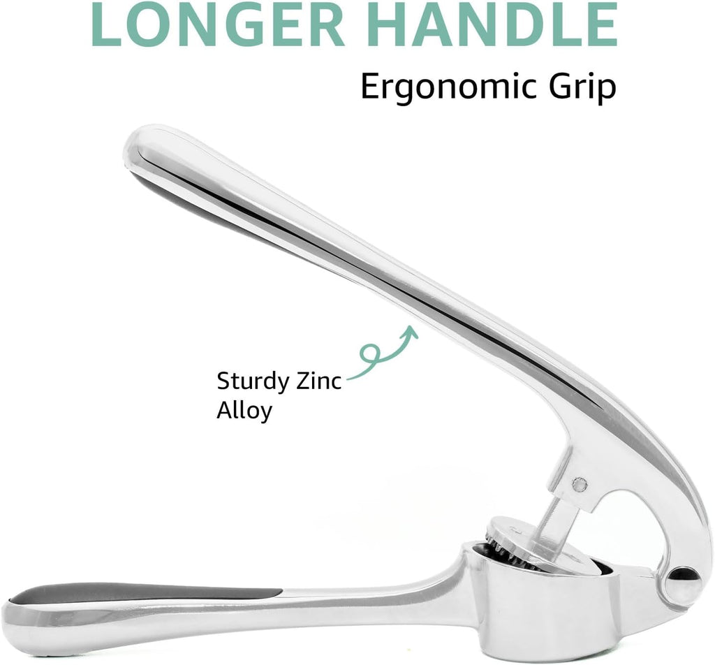 GD Premium Garlic Press Set – Rust-Proof Stainless Steel Garlic Mincer Tool – Easy-Squeeze, Easy-Clean with Soft Ergonomic Handle – Dishwasher Safe, Includes Silicone Peeler & Brush (Imperial Silver)