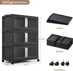 480QT Stackable Storage Bins with Lids, 120Gal Extra Large Collapsible Storage Box with Wheel, Plastic Storages with Clear Door Open Front for Home Bedroom Garage, Black-3pack(3 lids)