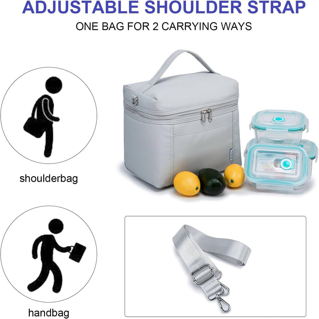 NOL Natural Organic Lifestyle Insulated Lunch Bags for Women Cooler Bag Lightweight Nylon Waterproof Lunch Box For Work (Gray White, Medium(normal))