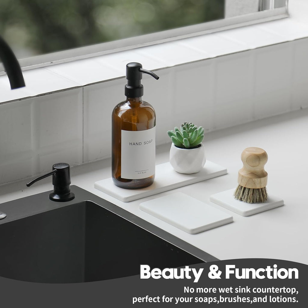 3PCS Bathroom Sink Vanity Trays, Quick Stone Drying Mat Dish Soap Dispenser Sponge Holder for Kitchen Counter, Diatomaceous Earth Water Absorbing Caddy Organizer, White
