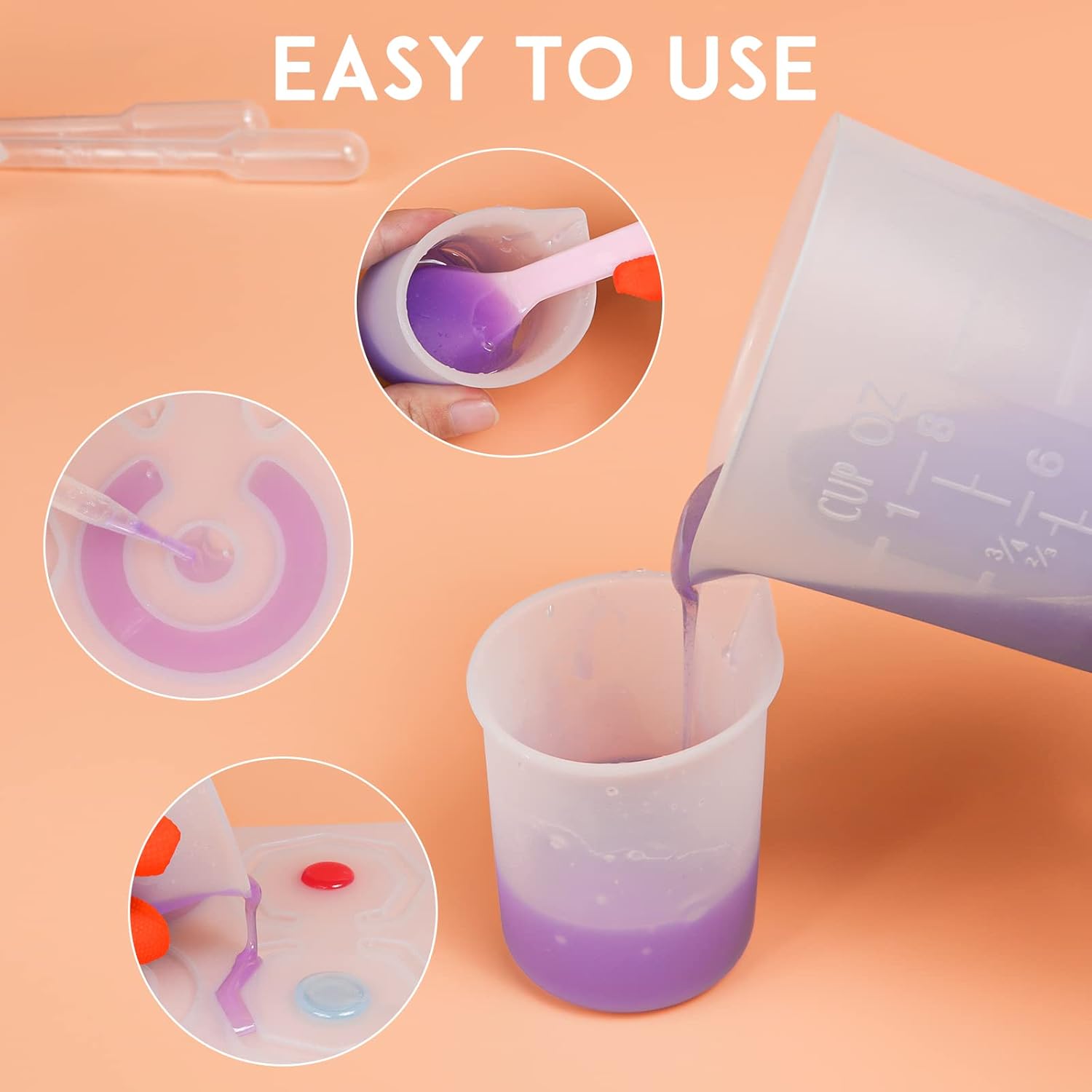 Silicone Resin Measuring Cups Tool Kit, Non-Stick Silicone Cups for Epoxy Resin, Reusable 250&100ml Silicone Mixing Cups with Stir Sticks, Pipettes, Epoxy Resin Supplies, Molds, Jewelry Making
