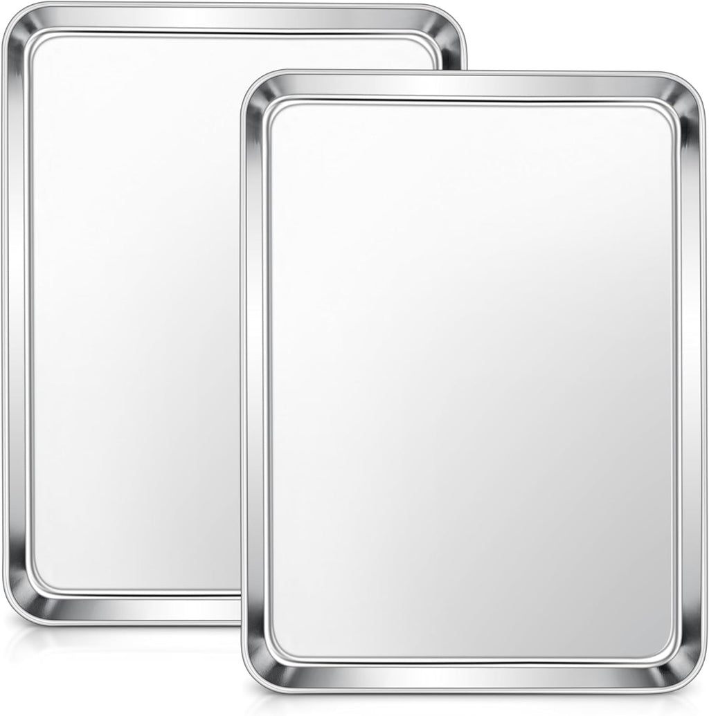 E-far Stainless Steel Baking Sheets, 12.4” x9.7” x 1” Baking Cookie Sheets Pans for Oven, Non-toxic Metal Trays for Cake Cookies, Healthy & Rust Free, Mirror Finish & Dishwasher Safe, 2 Pack