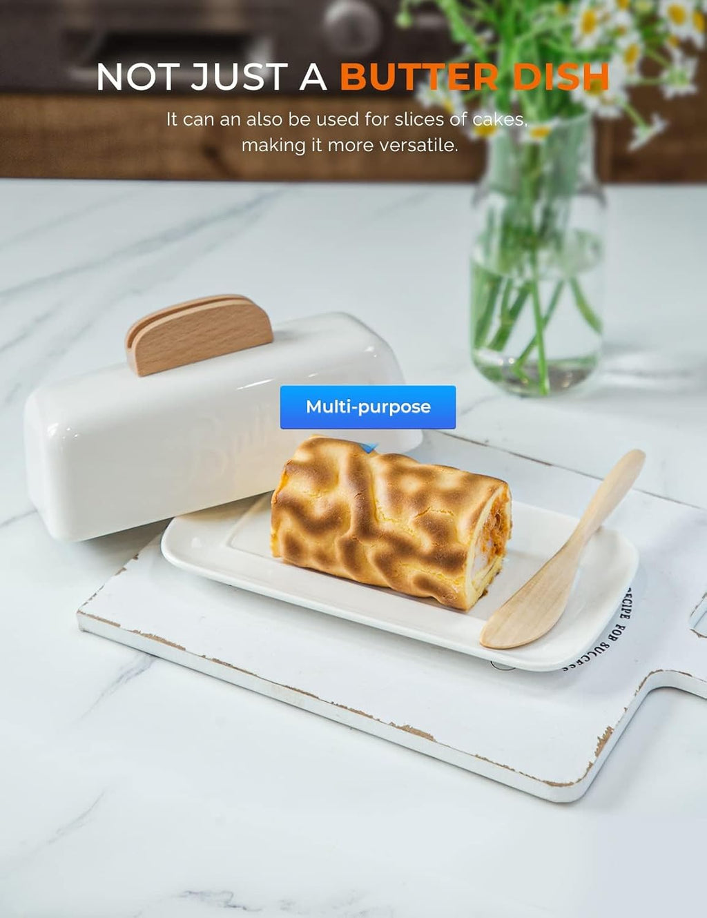 Butter Dish with Lid and Knife Ceramic Butter Holder for Counter Humanized Clamp-able Knife Handle Design, Perfect for East West Coast Butter, White