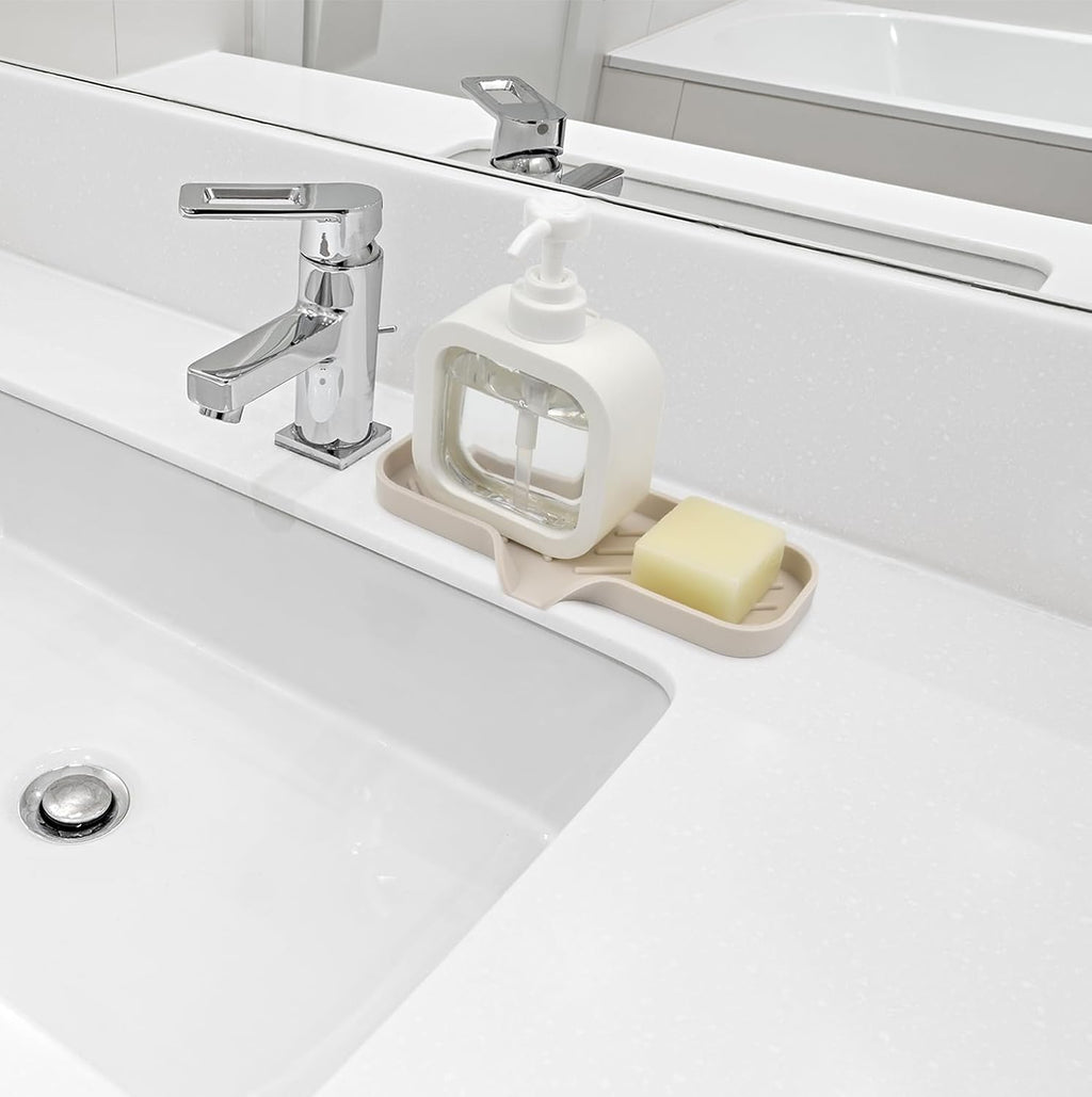 YASMEN Silicone Bathroom Soap Dishes, Sink Sponge Holder for Kitchen, Rubber Soap Dish with Drain, Shower Soap Sponge Tray, Sink or Counter Organizer, for Bar Soap, Bottle, Dish Soap Dispenser-Tapioca