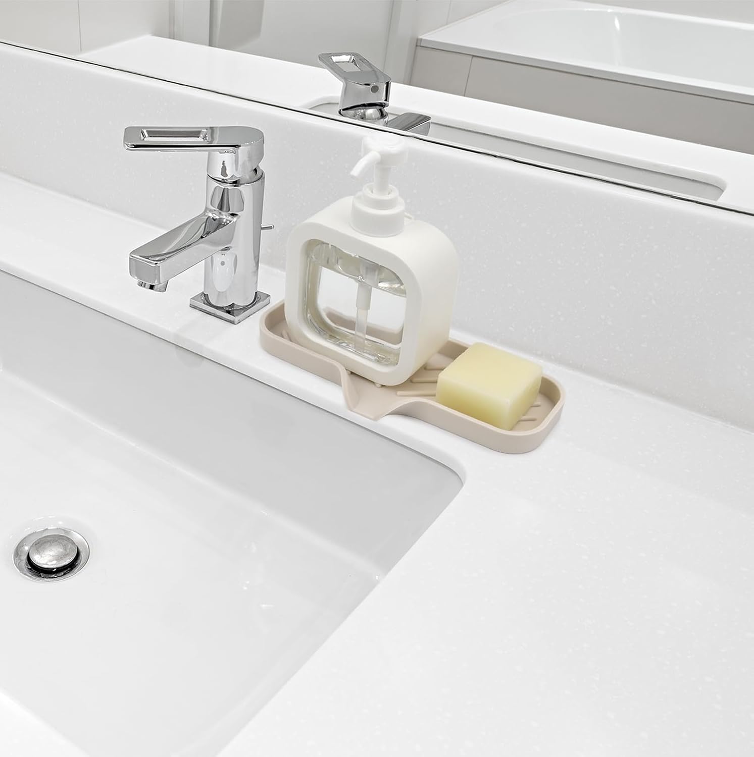 YASMEN Silicone Bathroom Soap Dishes, Sink Sponge Holder for Kitchen, Rubber Soap Dish with Drain, Shower Soap Sponge Tray, Sink or Counter Organizer, for Bar Soap, Bottle, Dish Soap Dispenser-Tapioca