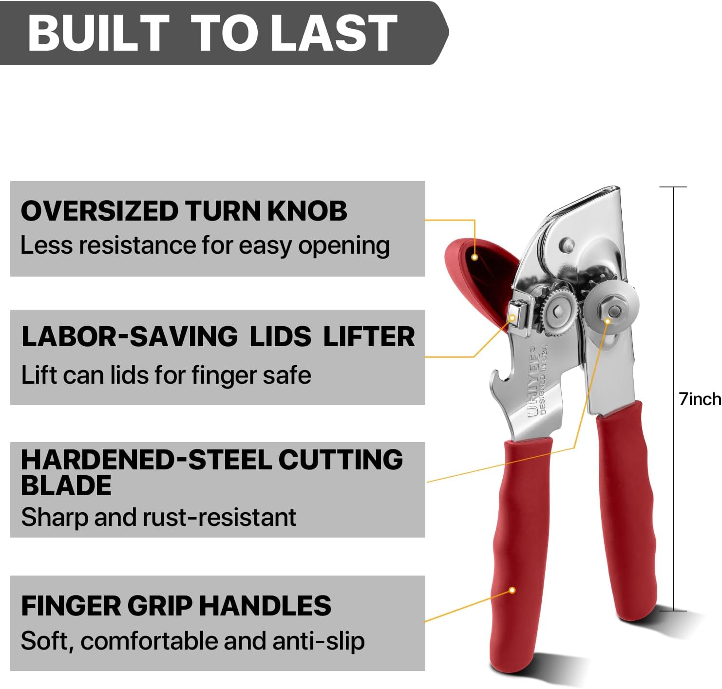 Can Opener Manual Heavy Duty, UHIYEE Hand Held Can Openers for Seniors with Comfort Grip Sharp Blade, Solid Steel Hand Manual Can Open with Magnet for Kitchen Camping, Red