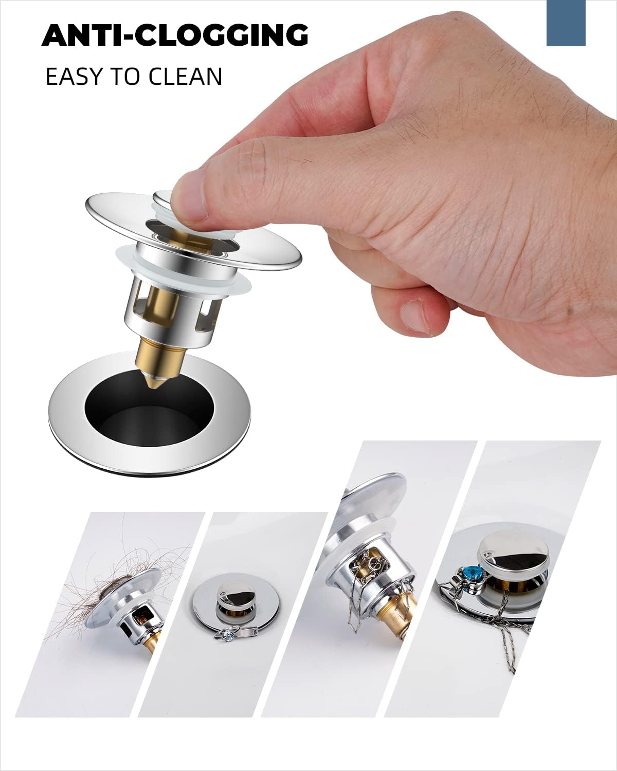 Hibbent All Metal Universal Bathroom Sink Stopper for 1.1''~2.3'' Basin, Pop Up Sink Drain Strainer, Brass Bullet Core Push Type Stopper, Stainless Steel Anti Clogging Drain Filter, Chrome