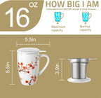 Sweejar Porcelain Tea Mug with Infuser and Lid,Teaware with Filter, Loose Leaf Tea Cup Steeper Maker, 16 Fl Oz for Tea/Coffee/Milk/Women/Office/Home/Gift (Plum Blossom)