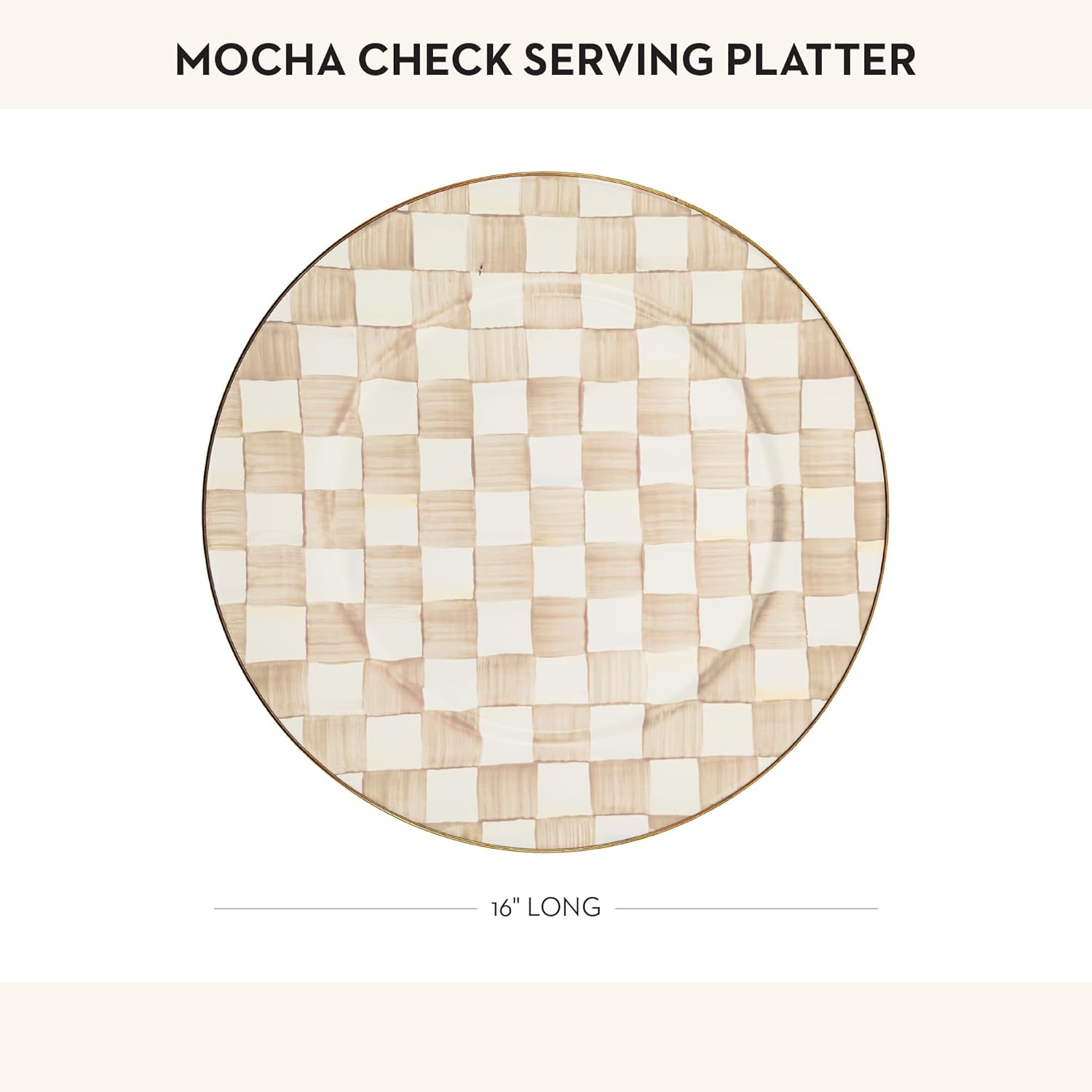 MACKENZIE-CHILDS Enamel Serving Platter, Decorative Serving Platter for Food, 16 Inches, Brown-and-White Mocha Check