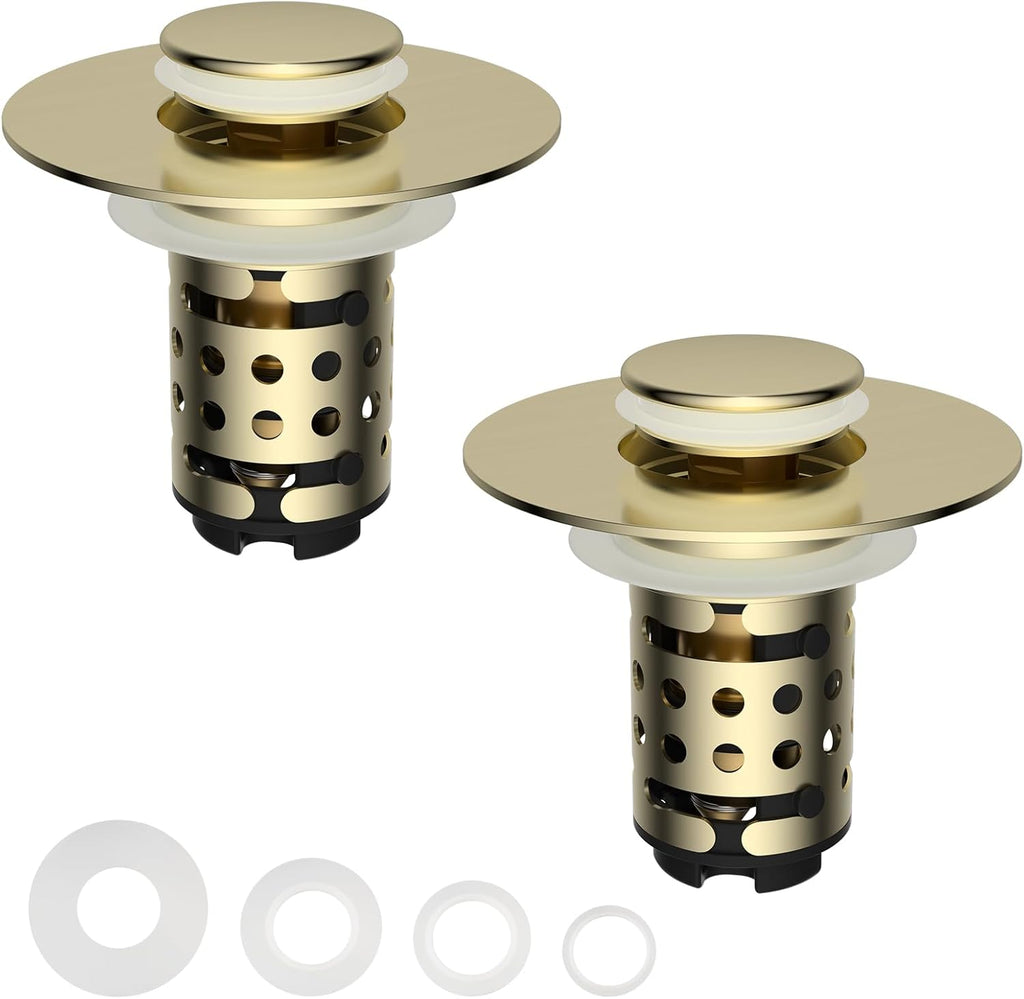 Universal Bathroom Sink Stopper Hair Catcher Upgraded with 2-Layer Detachable Filter Basket, 4 in 1 Pop Up Drain Strainer, Anti-Clog, Odor-Block, Fit for 1.1''~2.36'' Sinks, 2PCS, Brushed Gold