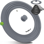 Universal Lid for Pots, Pans and Skillets - Walfos Tempered Glass Pan Lid with Heat Resistant Silicone Rim, BPA Free Large Pot Lids Fits 8" to 12" Diameter Cookware, Dishwasher-Safe, Grey